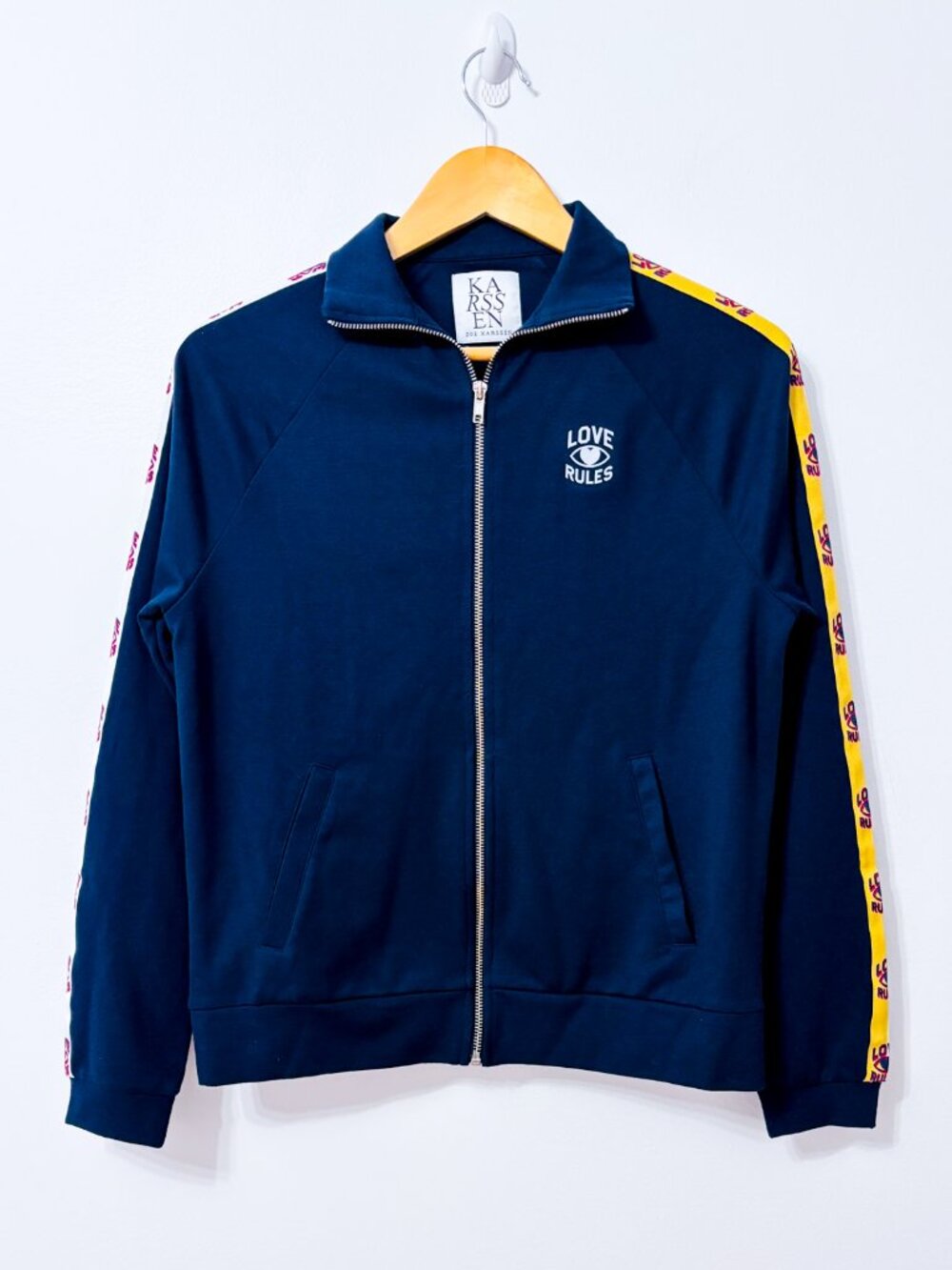 KARSSEN Navy Full Zip Track Jacket Yellow Logo Side Stripe Sporty Small